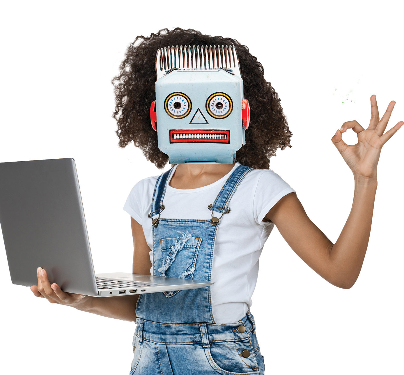 A New Direction image of a child with posing an OK sign with a Robot mask doing coding.jpg